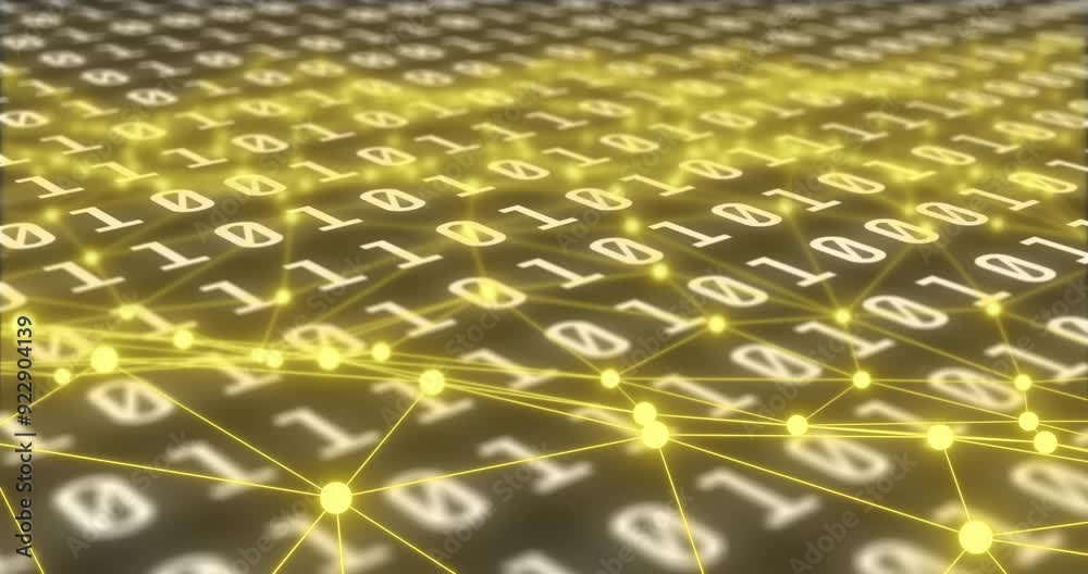 Poster binary code and network connections animation over yellow glowing nodes