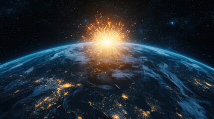 A symbolic image of the earth being shielded from nuclear warheads by a protective barrier