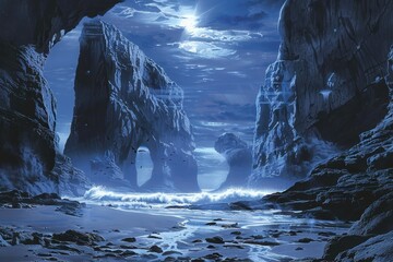 Mystical Sea Cave Under a Full Moon