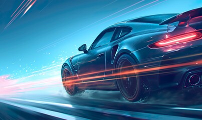 Obraz premium A modern car on a night highway, captured from a low angle