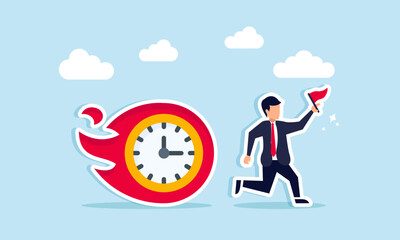 Racing against time, work schedules, or project deadlines concept of A businessman running with a flag while being chased by a flaming clock © B Design