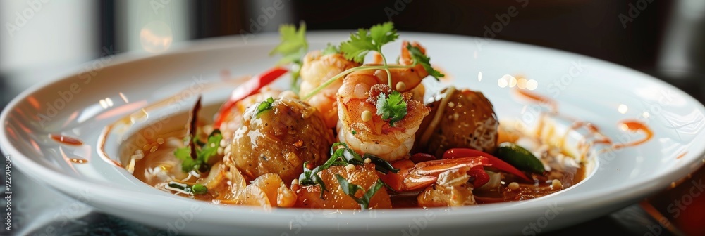 Poster shrimp meatballs and chicken stir-fried in a capcay dish, artfully arranged on a white plate.