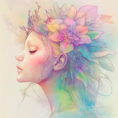 Profile portrait of a woman with fine features with a tiara of flowers on her head in pastel and gradient tones.