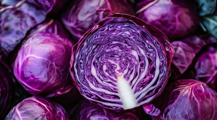 Obraz premium Fresh purple cabbage highlighting its vibrant colors and showcasing its intricate internal structure in detail