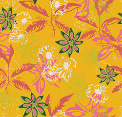 a pattern with different hawaii color flowers and leaves.