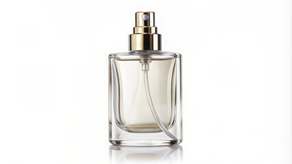 Fototapeta premium Glass bottle perfume spray isolated on white background, fragrance, scent, beauty, cosmetic, luxury, shiny, elegant, clear