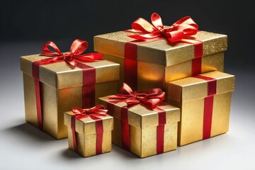Golden Gift Boxes with Red Ribbons