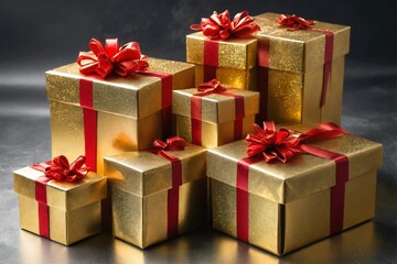 Obraz premium Golden Gift Boxes with Red Ribbons