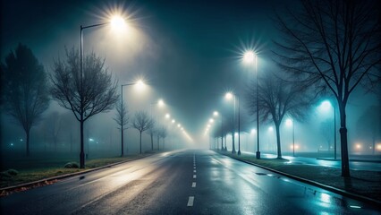Empty dark night street with light and fog, street, night, dark, empty, fog, mist, illuminated, urban, eerie, mysterious, atmosphere