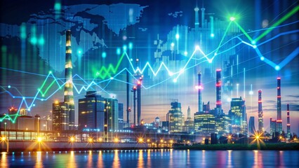 Stock market graph displayed against city lights and energy facility background, stock market, graph
