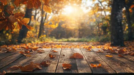 Stunning Autumn Scenery with a Rustic Wooden Table Amidst Forest Leaves, Bathed in the Warm Glow of Golden Hour Light. Ideal for Nature-Inspired Product Displays and Design Concepts.