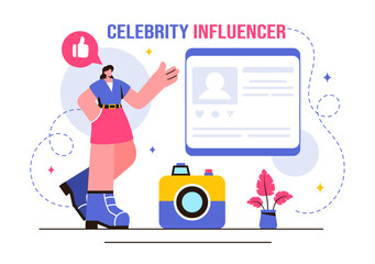 Vector Illustration of Celebrity Influencers Posting on the Internet for Advertising, Marketing, Daily Life, or Endorsements in a Flat Cartoon Style