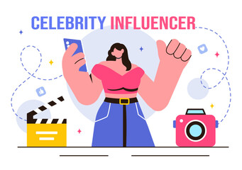 Vector Illustration of Celebrity Influencers Posting on the Internet for Advertising, Marketing, Daily Life, or Endorsements in a Flat Cartoon Style