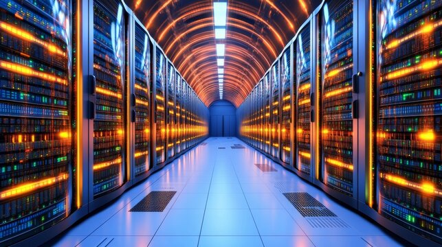Digital Brain of the Future: An endless corridor of glowing servers powers the digital age, showcasing the vastness of modern technology. 