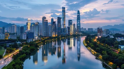 Fototapeta premium Skyline of a modern city with tall skyscrapers reflected in a river at dusk, showcasing urban architecture and cityscape beauty.