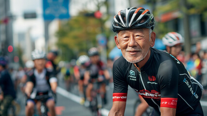 サイクリングイベントに参加する中年の日本人男性