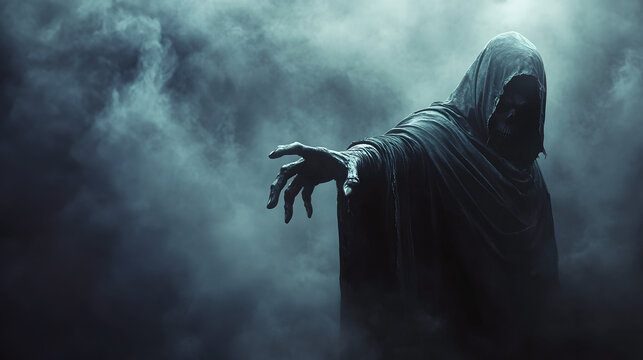 the grim reaper with his hand outstretched walking through the fog looking for his victim, horror atmosphere of Halloween day