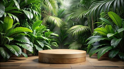 Obraz premium Wooden podium surrounded by lush tropical foliage for product presentation in a natural setting, wood, podium, tropical