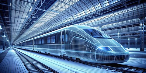 Fototapeta premium Wireframe visualization of a high-speed train in a modern station, wireframe, visualization, high-speed train
