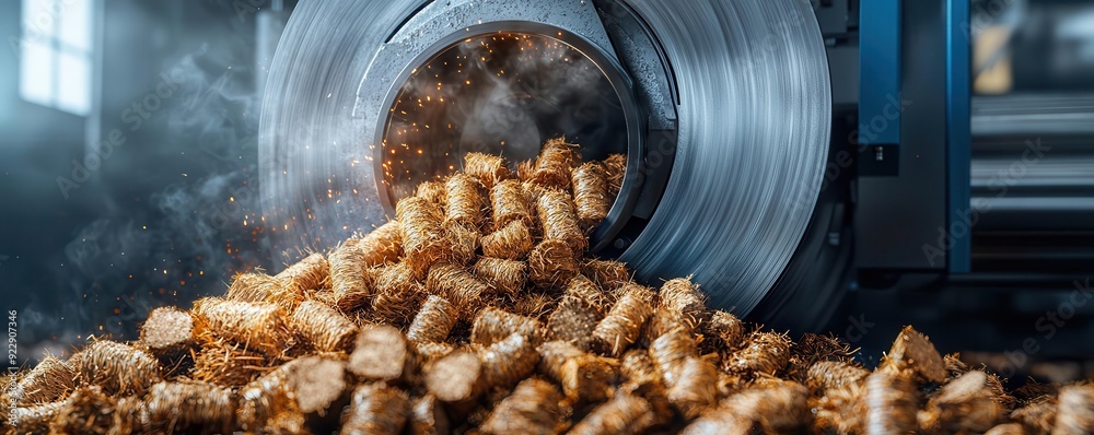 Wall mural Close-up of a biofuel briquette machine in operation, compressing organic material, photo-realistic, renewable energy production