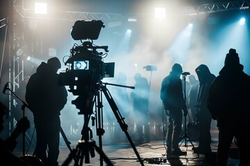 Fototapeta premium Cinematic Film Crew Working on Stage with Cameras and Lights in a Foggy Light, Silhouetted Figures and Dramatic Lighting Captured in High-Resolution