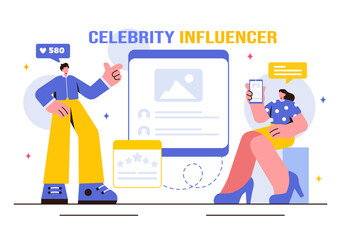 Vector Illustration of Celebrity Influencers Posting on the Internet for Advertising, Marketing, Daily Life, or Endorsements in a Flat Cartoon Style