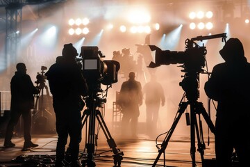 Fototapeta premium Cinematic Film Crew Working on Stage with Cameras and Lights in a Foggy Light, Silhouetted Figures and Dramatic Lighting Captured in High-Resolution