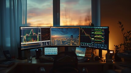 Fototapeta premium A desk with three monitors displaying stock market data and a beautiful view of a cityscape illuminated at night.