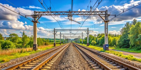 Overhead line pantograph on railway track for electric train transportation, train, railway, transportation