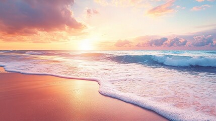 Fototapeta premium Golden Hour Serenity: Tranquil ocean waves gently caress a sun-kissed beach at sunset, painting the sky in hues of pink and gold.
