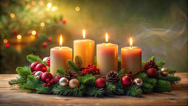 Vierter Advent with four lit candles on modern Advent wreath, Advent, fourth Advent, candles, modern, wreath, decoration