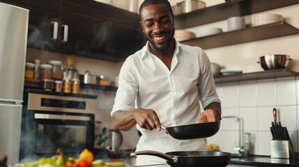 African American man joyfully cooking dinner in a modern kitchen