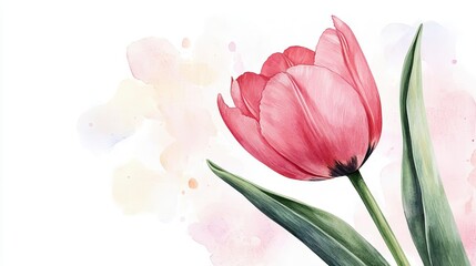 Fototapeta premium Watercolor clipart featuring a blooming tulip with soft pink petals, slender green stem, isolate on white background, subtle pastel bokeh in the background