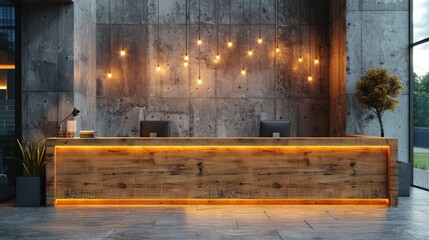 An office reception area with a modern wooden desk against a concrete wall 