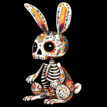 Illustration of the skeleton of a cute rabbit on black background, with colors of the Mexican culture of the day of the dead