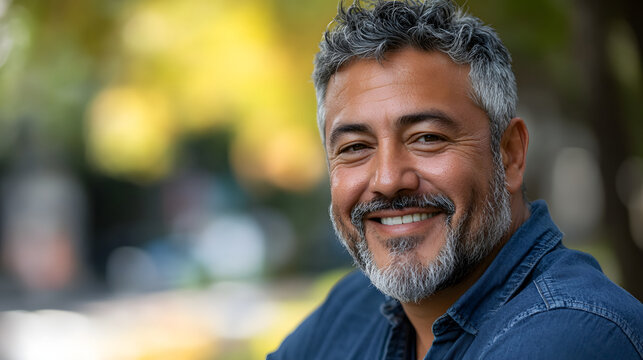 happy middle aged hispanic man looking at camera copy space