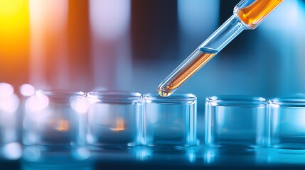 A close-up of a pipette dispensing liquid into a clear test tube in a laboratory setting, representing scientific research and innovation. Healthcare AI concept.