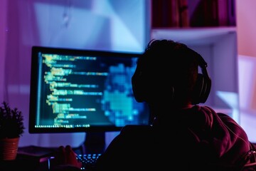 Silhouette of a male programmer wearing headphones, working late at night on a computer with programming scripts on the screen, capturing software development and coding.