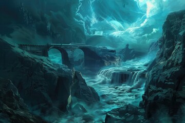 Bridge and Waterfall in a Mystical Landscape