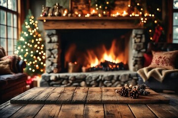 Cozy Christmas Scene with Burning Fireplace and Pinecones on Tabletop