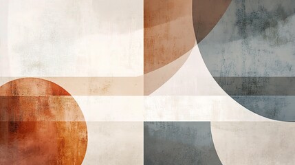 Abstract Art with Earthy Tones: Geometric shapes in muted browns, blues, and grays on a textured white background, conveying a sense of modern minimalism and serenity. 