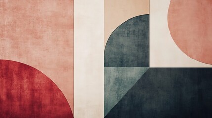 Abstract Geometric Shapes: A calming and modern composition of muted pink, red, blue, white and grey geometric shapes on a textured background. Minimalist, modern, abstract, geometric, shapes, circles