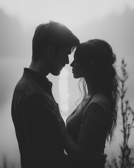 A couple is hugging each other in a forest