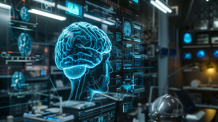 Cybernetic brain interface showing decreasing neural activity, illustrating depression in a high tech medical lab