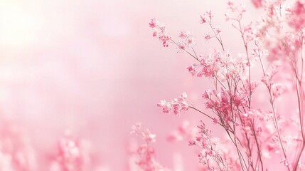 Pink Serenity: Delicate pink flowers bloom softly against a pastel sunrise, evoking a serene and tranquil mood. 