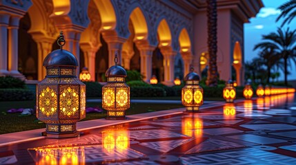 Obraz premium Arabic building with lanterns Ramadan vibe in air 