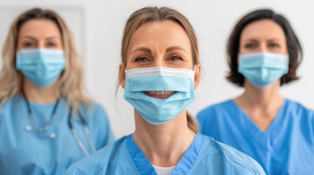 A diverse team of medical professionals including doctors nurses and staff working together to provide dental care at a multicultural clinic  The team is focused on delivering excellent service