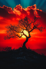 Obraz premium Silhouette of a dead tree in a barren desert, deep orange and red hues at sunset, twisted branches, desolate and eerie atmosphere, minimalistic and dramatic landscape, 3D elements for added texture