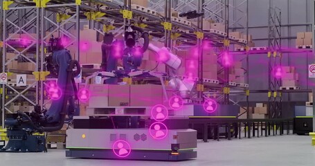 Robotic arms sorting packages in warehouse with pink user icons animation