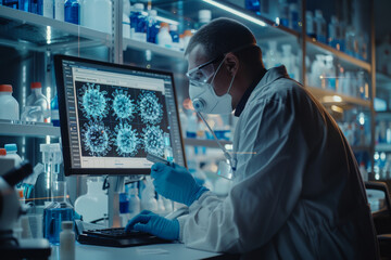 Medicine doctor and robotics research and analysis. Diagnose checking coronavirus or covid-19 testing result  virtual screen  laboratory